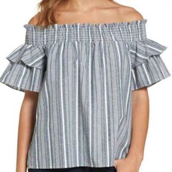 Caslon Off the Shoulder Stripe Tiered Sleeve Top - Picture 1 of 7
